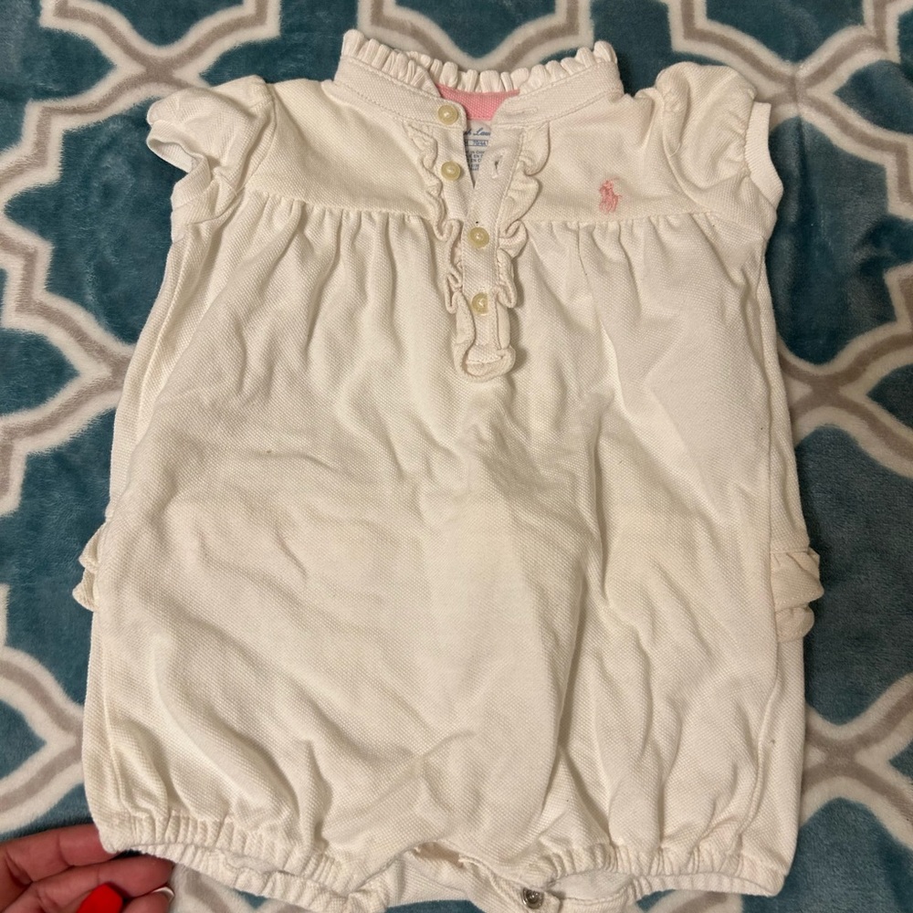 Ralph Lauren Cream Baby Romper with Pink Trim